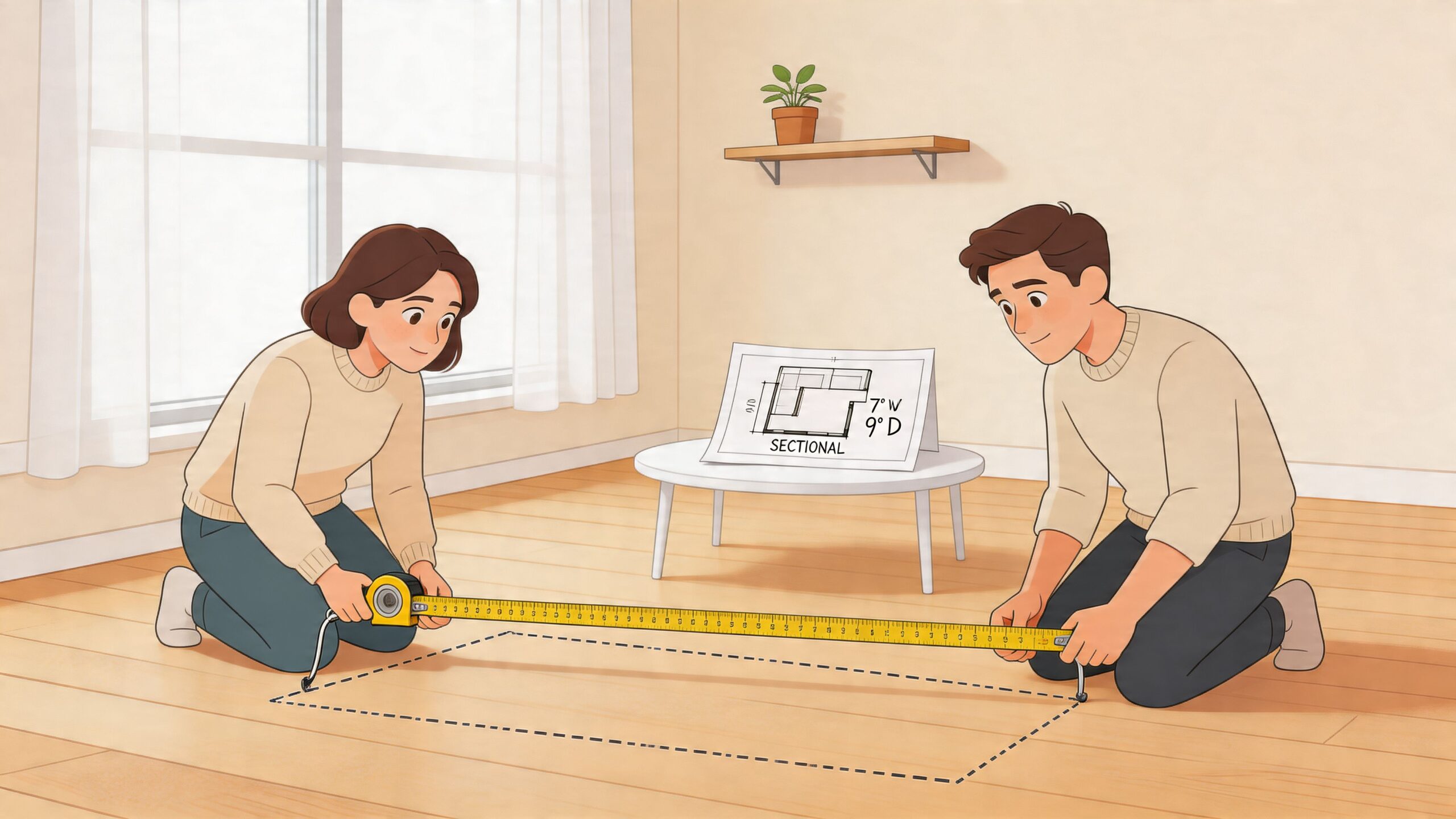 A young couple kneels on a hardwood floor, measuring the space for their new sectional furniture layout.