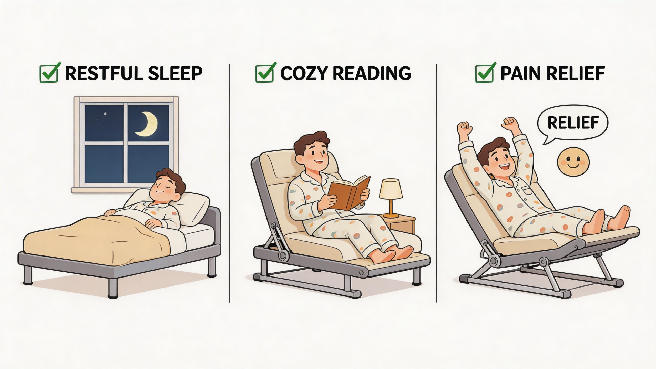 A diagram demonstrating the versatility of an adjustable bed for sleeping, reading, and finding physical pain relief.