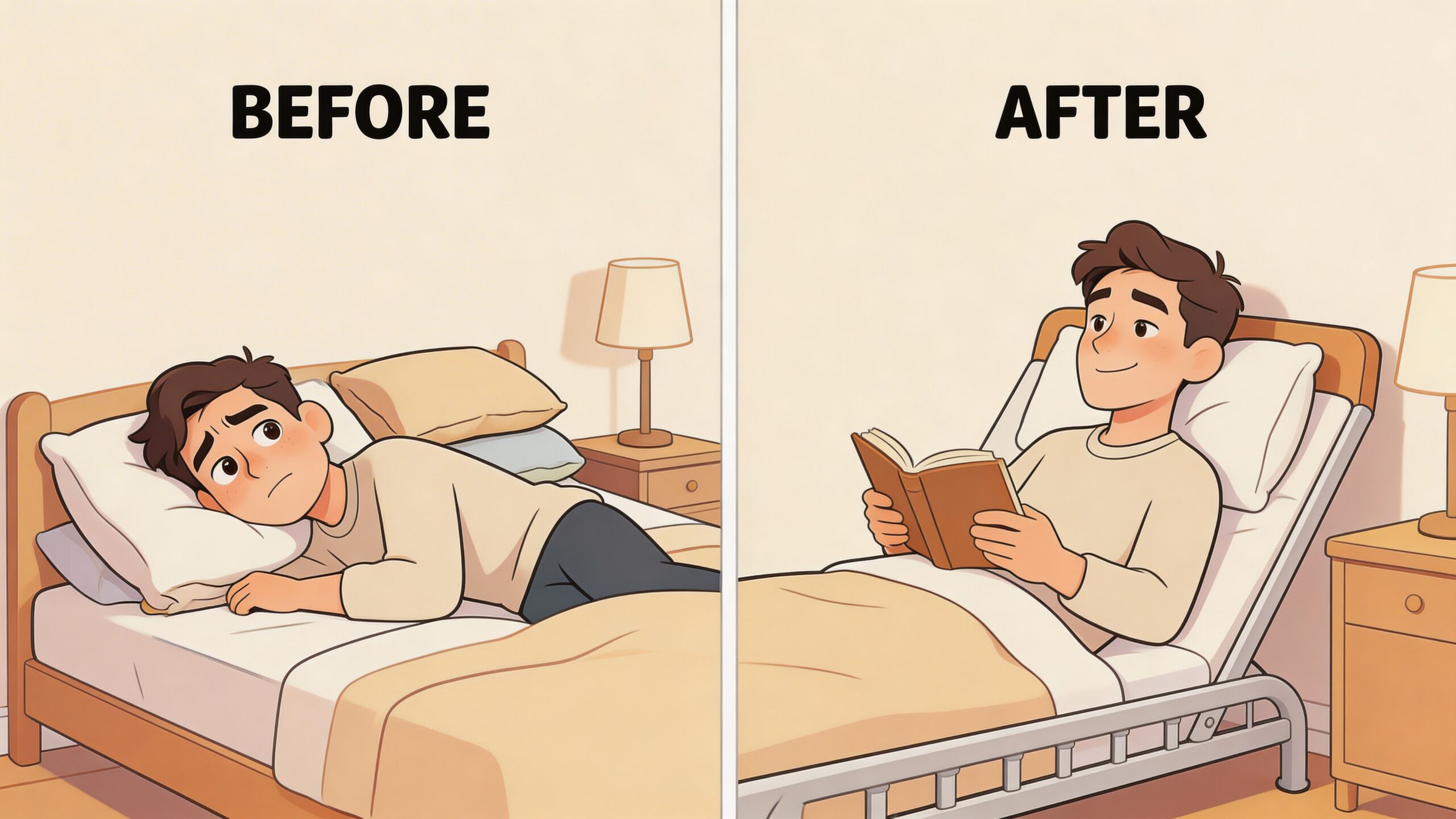 A split image showing a person struggling to sleep in a flat bed versus reading comfortably in an adjustable bed.