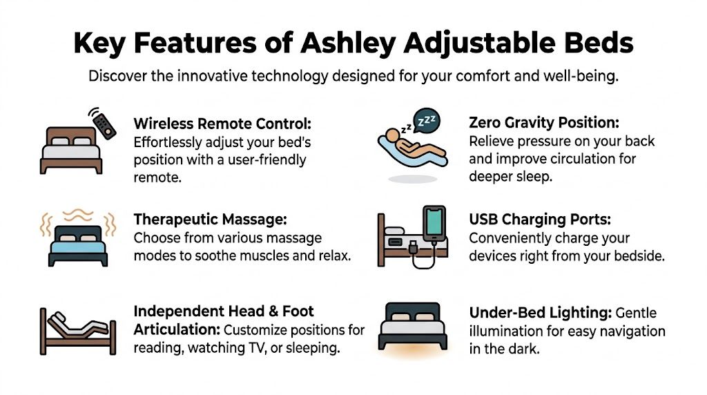 A graphic showing key features of Ashley adjustable beds, including wireless remote, massage, and USB charging.
