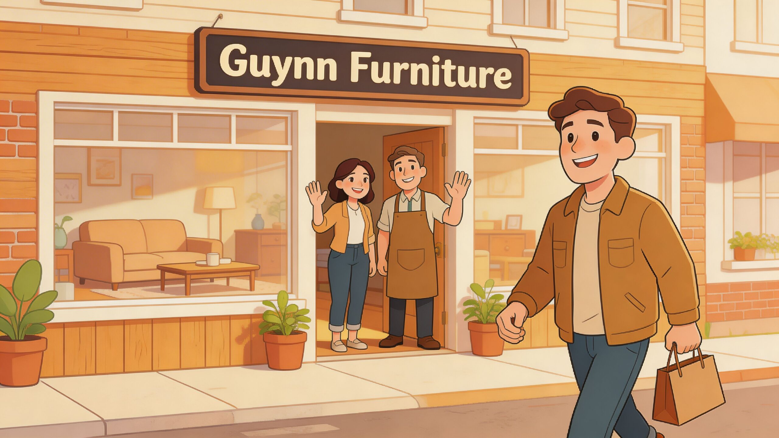 A happy man walking past a Guynn Furniture store while two staff members wave from the entrance.