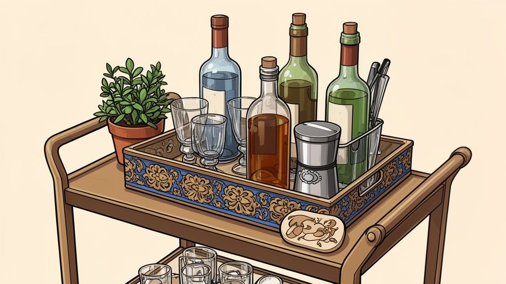 An illustrated wooden bar cart with a decorative blue tray containing bottles, glasses, and a small plant.