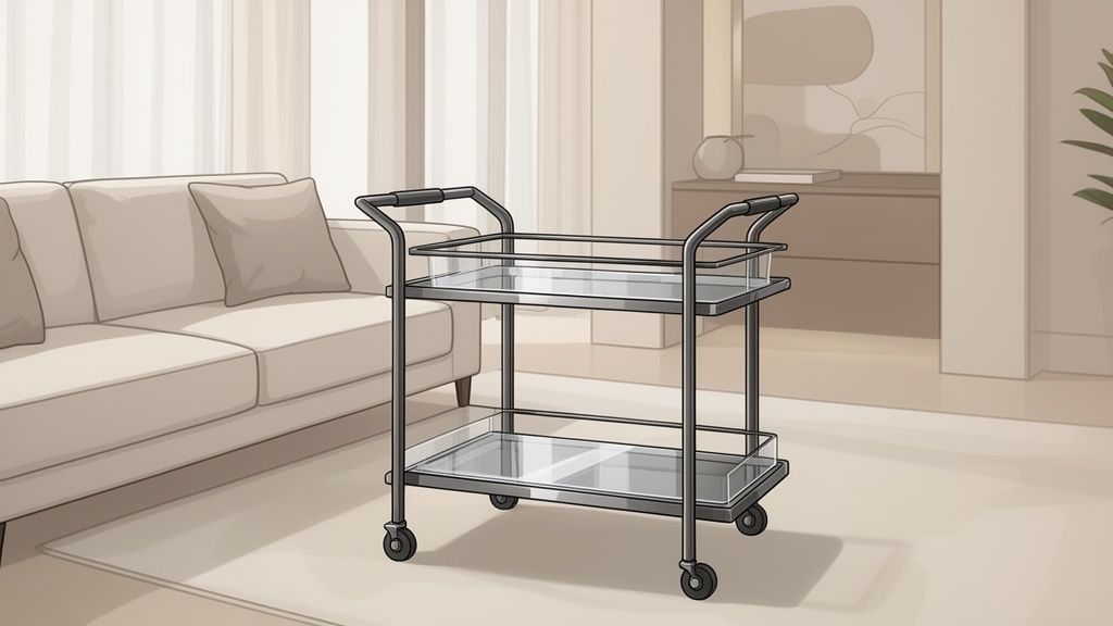 A sleek modern rolling bar cart with two glass shelves sitting in a bright, minimalist living room.