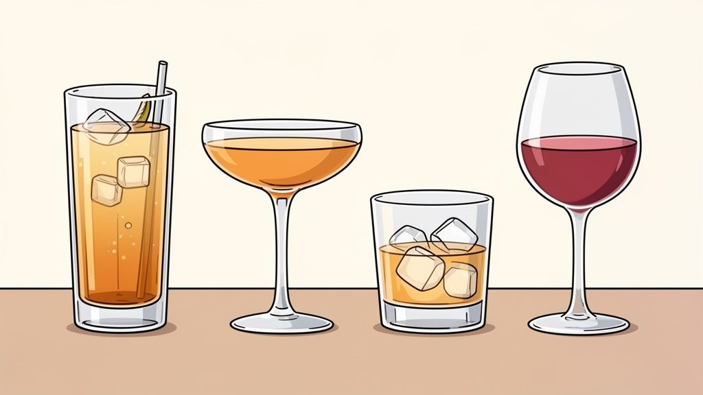 A collection of four different alcoholic drinks in varied glassware arranged on a neutral surface.