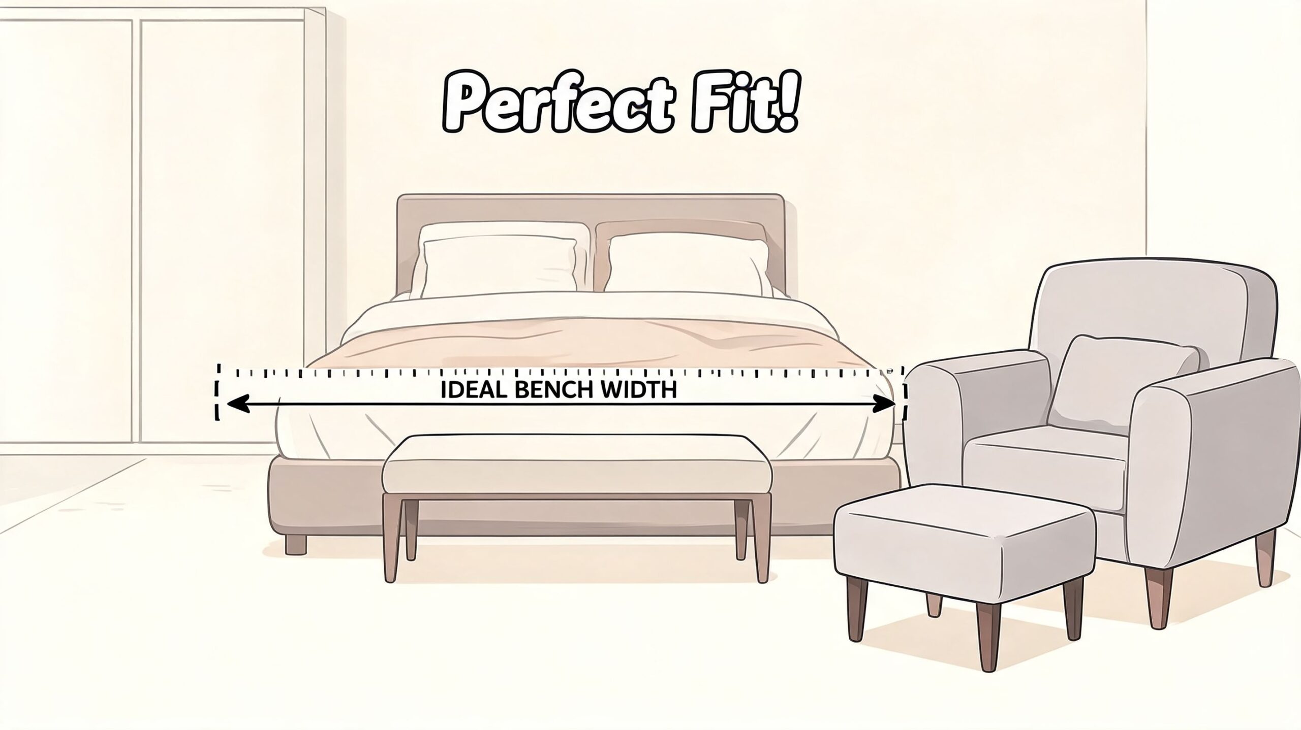 A diagram illustrating the ideal width for a bedroom bench placed at the foot of a bed.