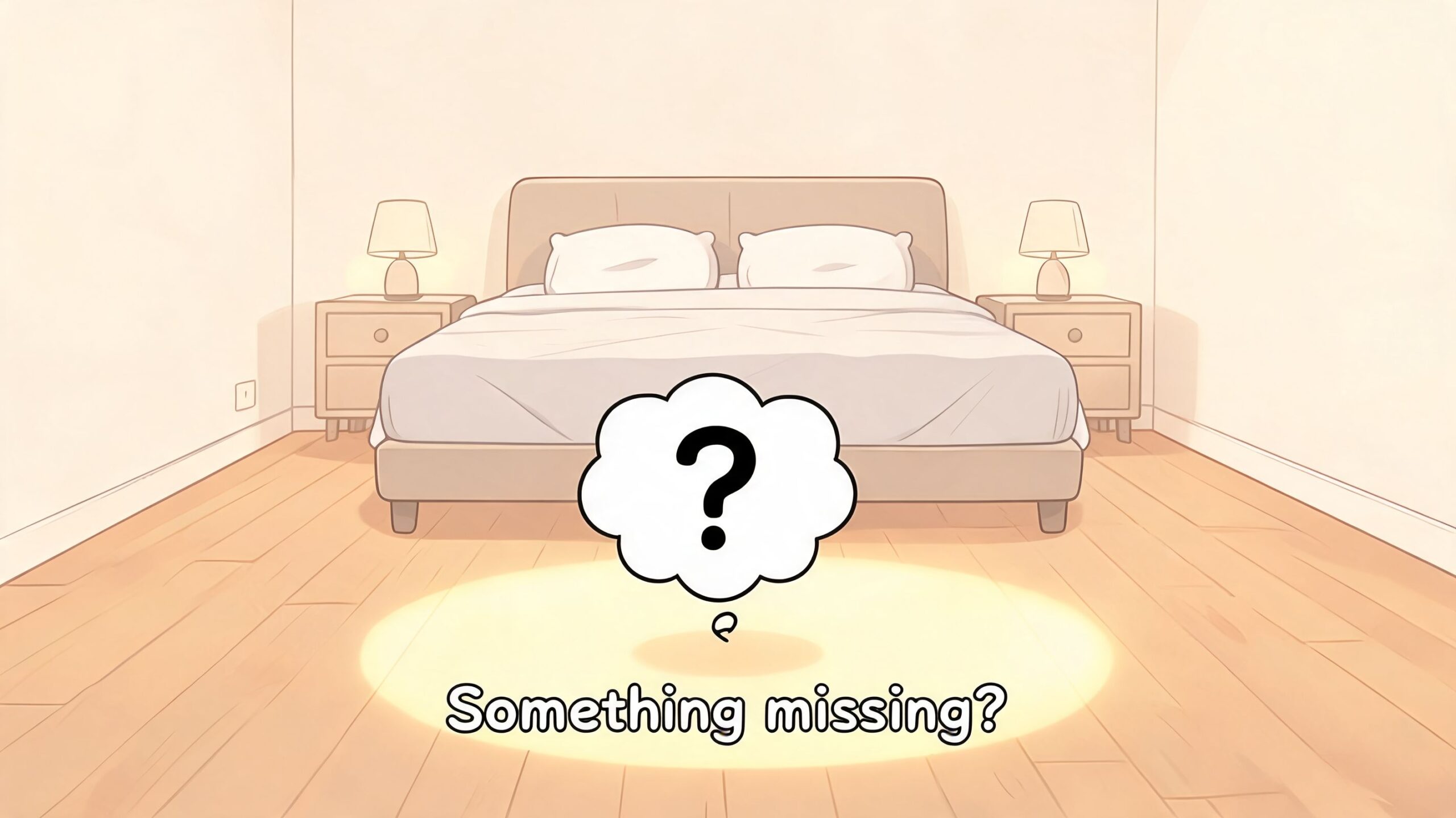 A simple bedroom scene with a bed and two nightstands with a question mark bubble above.