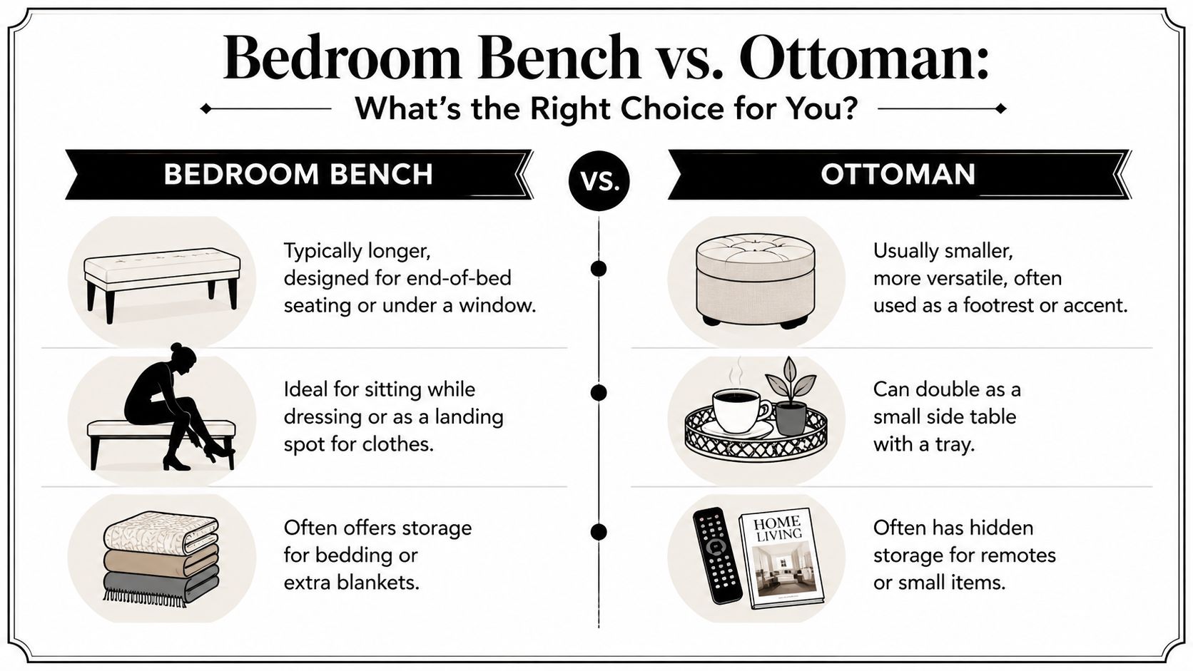 A comparison infographic between bedroom benches and ottomans highlighting their respective uses, sizes, and storage functions.