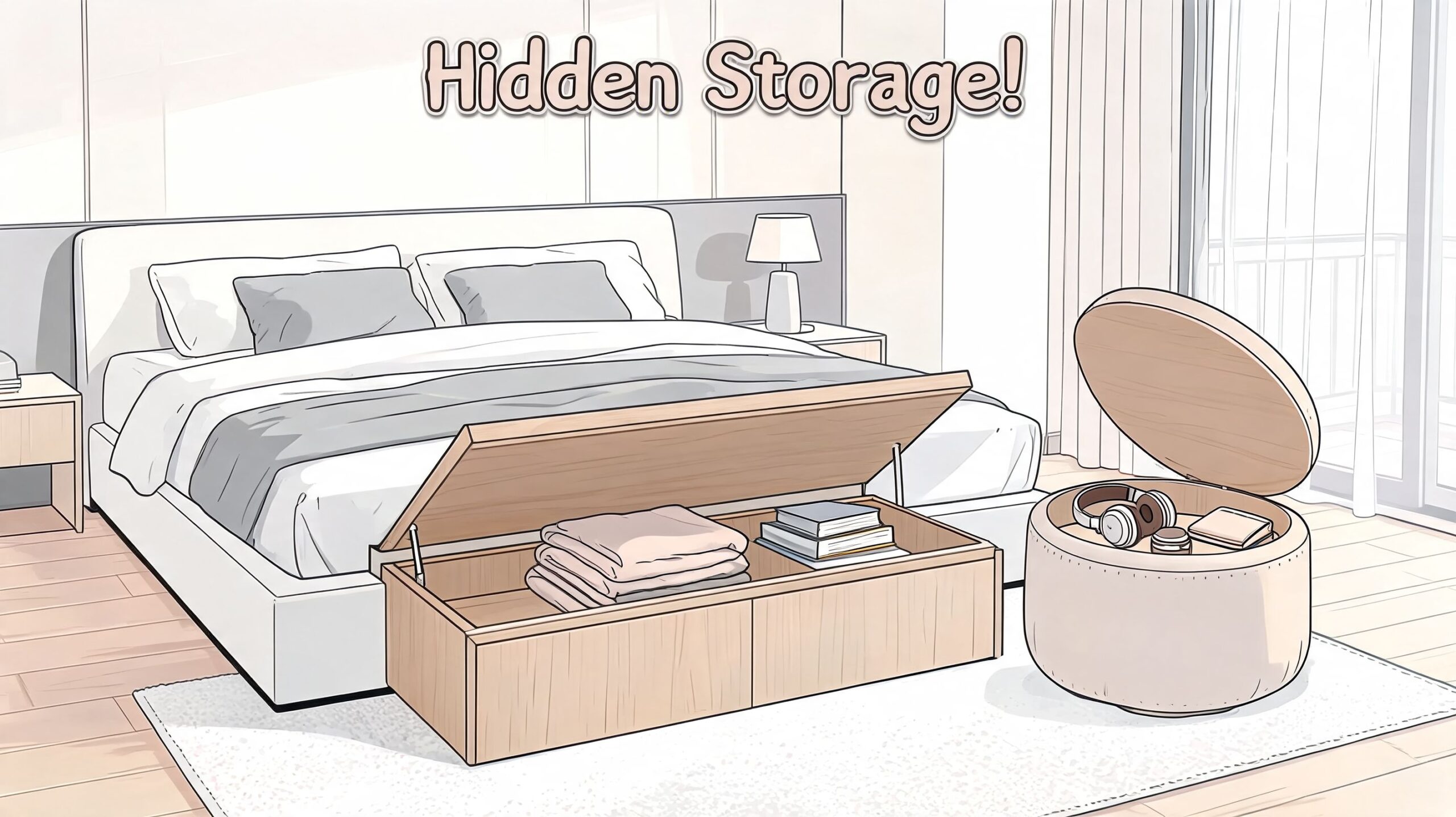 An illustration showing a bedroom featuring a storage bed bench and a round storage ottoman for organization.