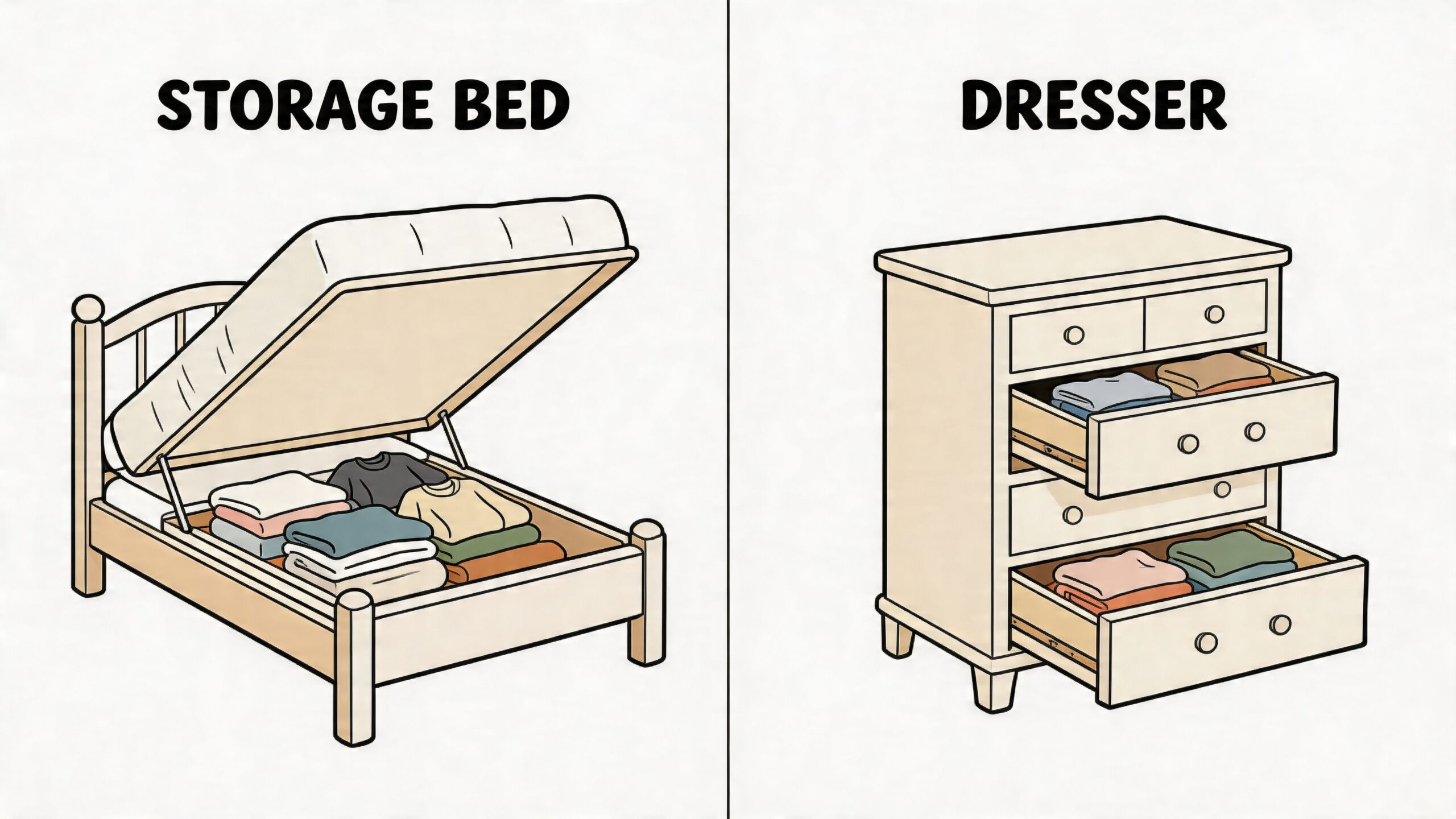 A split image showing a storage bed with under-bed organization and a dresser with open drawers.