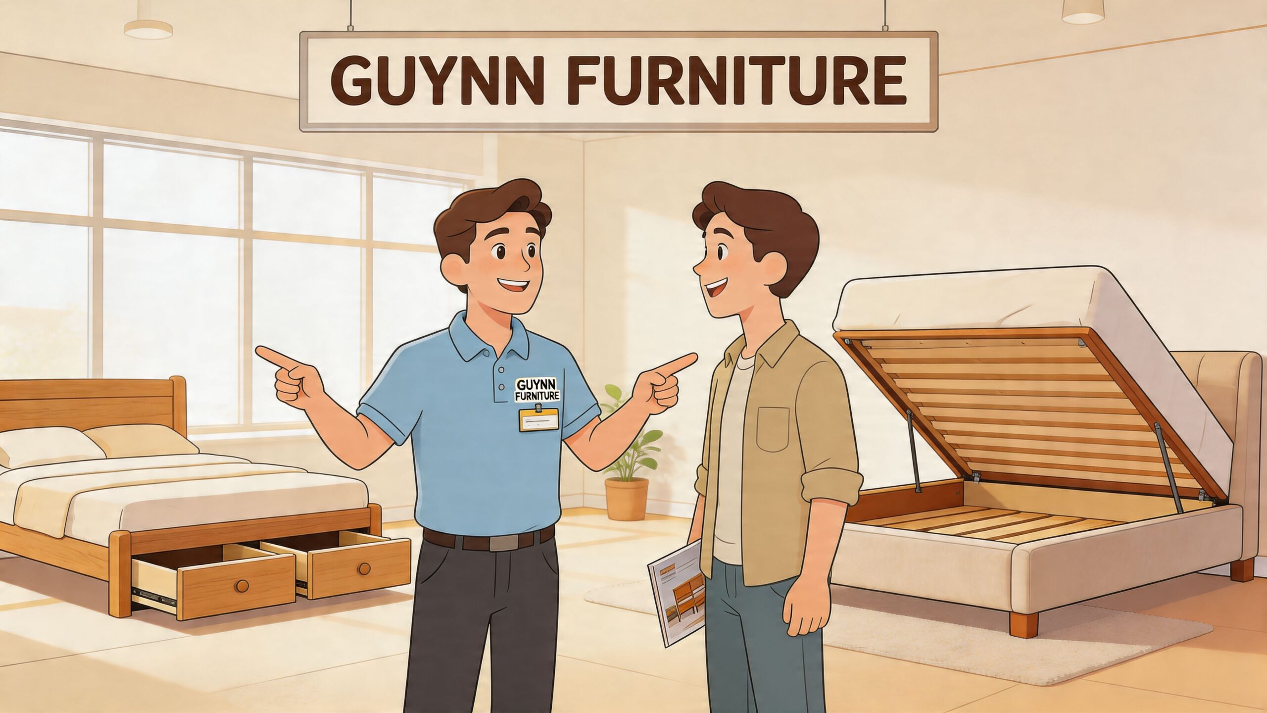 A friendly furniture store associate demonstrates storage bed options to a customer in a bright showroom.