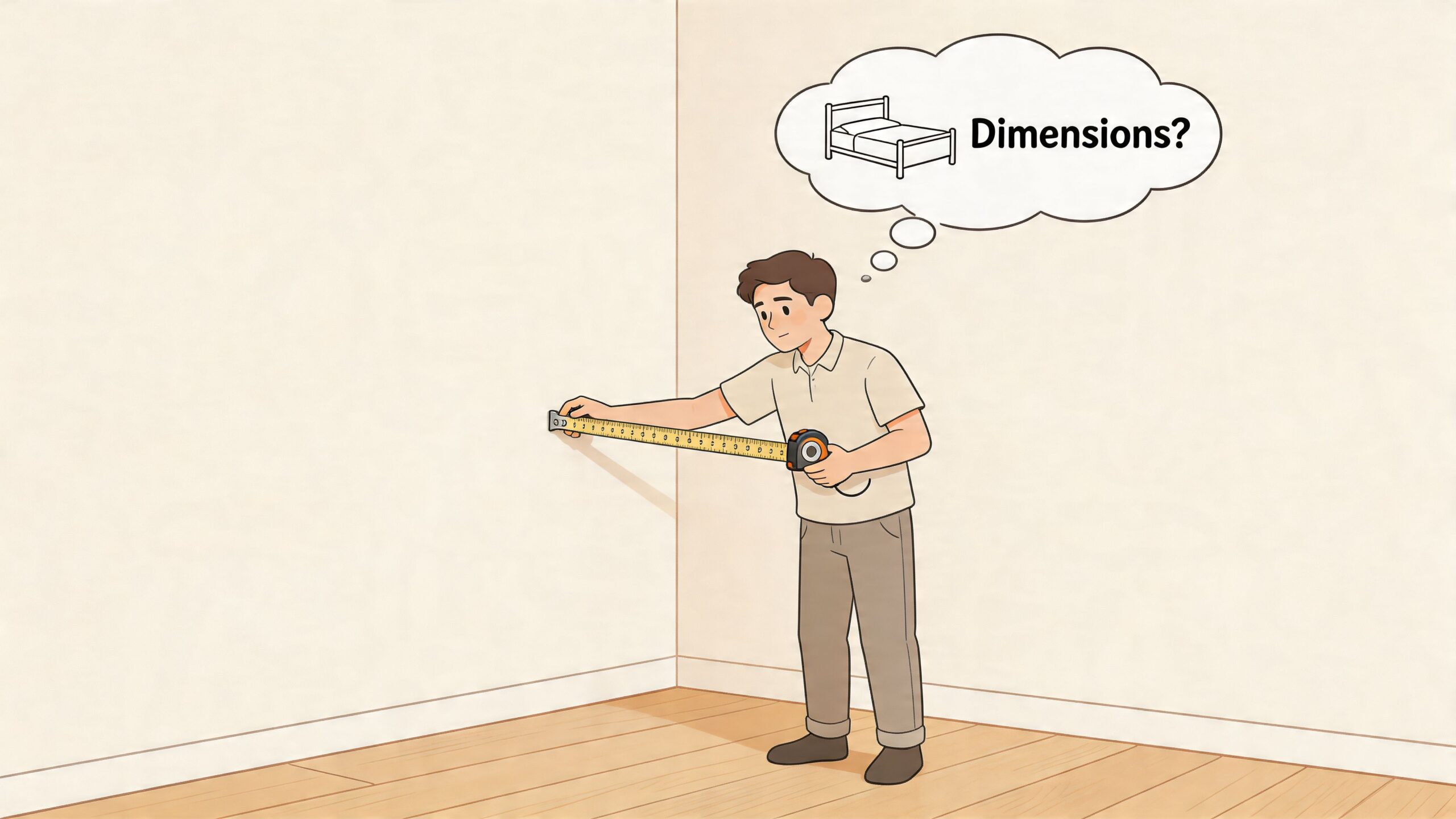 A man measuring a wall with a tape measure while considering bed dimensions for bedroom planning.