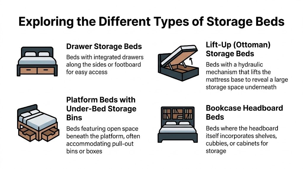 An infographic showing four different types of storage beds including drawer, lift-up, platform, and bookcase headboard models.