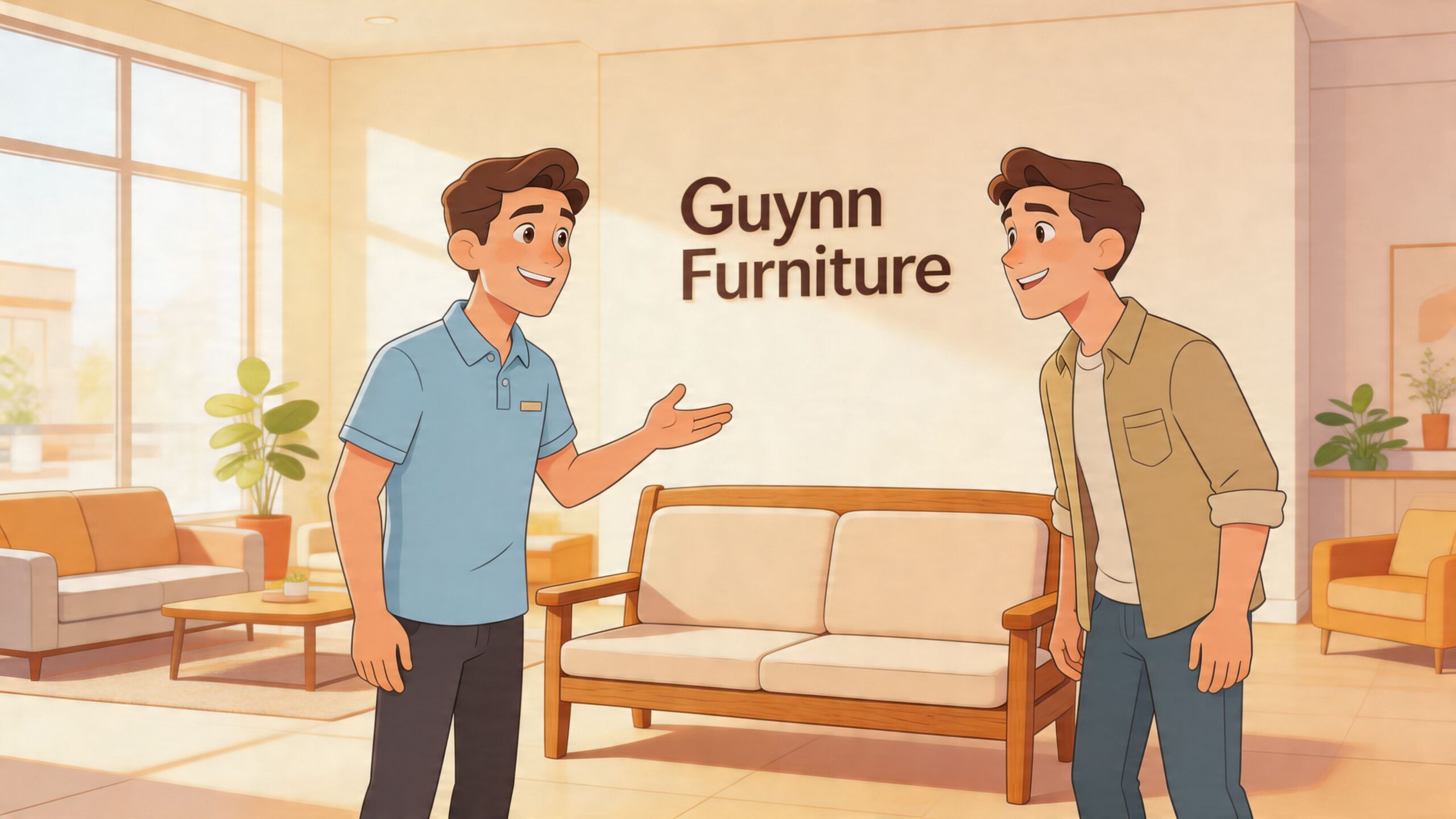A friendly furniture store employee showing a comfortable couch to a potential customer in a bright showroom.