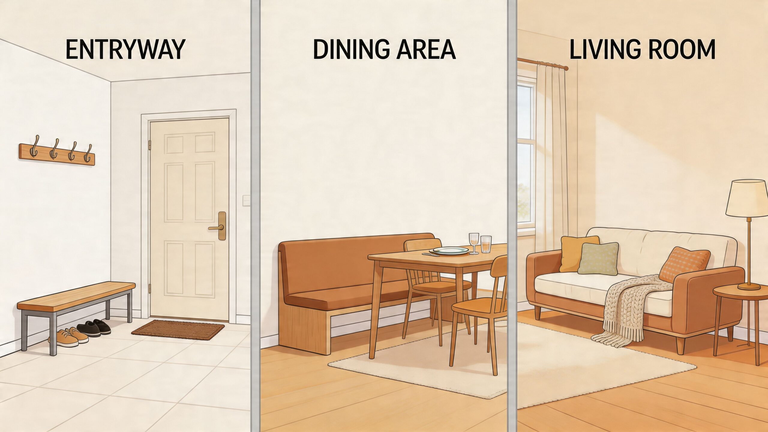 An illustration showing three home interior zones featuring a bench seat, dining area, and living room setup.