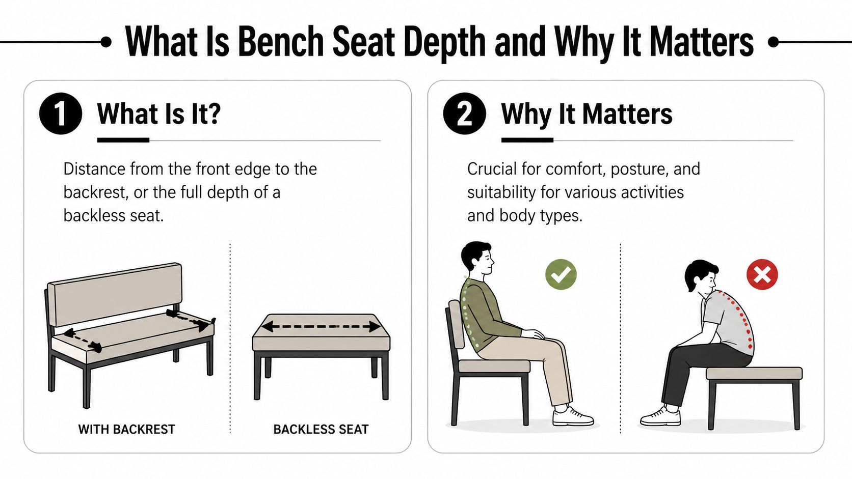 An infographic explaining bench seat depth, defining it and illustrating its importance for proper posture and comfort.