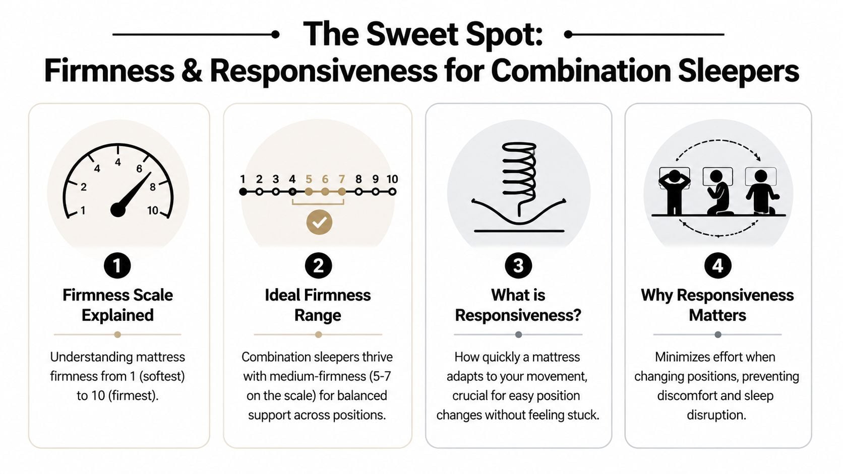 An infographic detailing ideal firmness and responsiveness levels for combination sleepers to ensure comfortable sleep quality.
