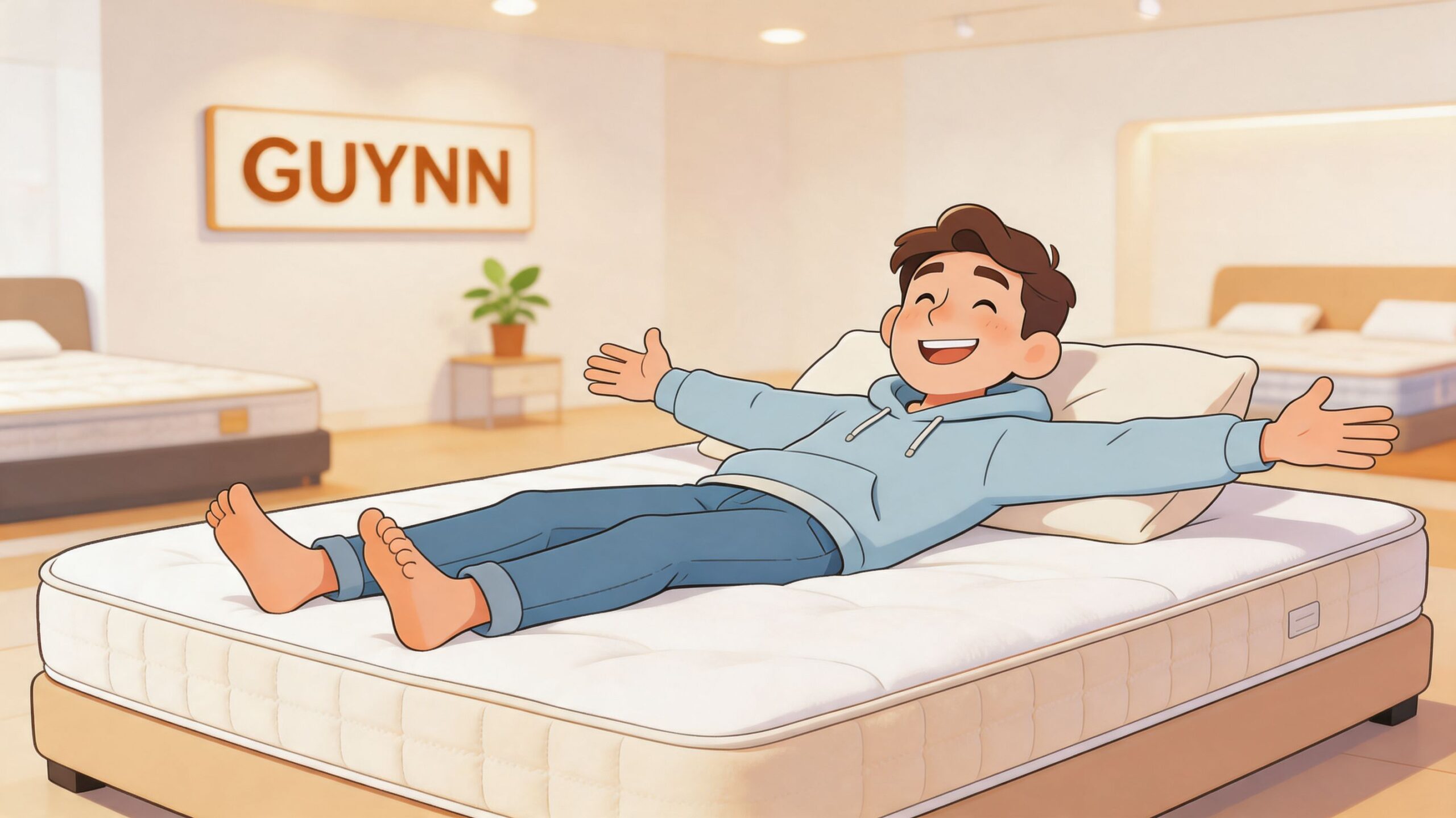 A happy man lying on a comfortable mattress in a showroom with arms spread wide open.