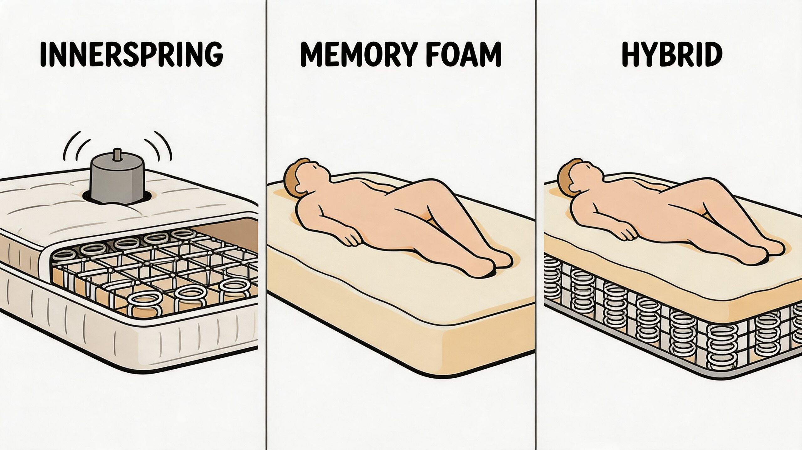 A diagram comparing the structure of innerspring, memory foam, and hybrid mattress types for sleepers.