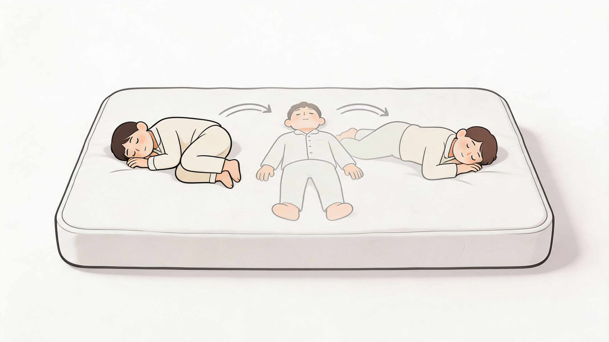 An illustration showing a person changing sleeping positions between side and back on a white mattress.