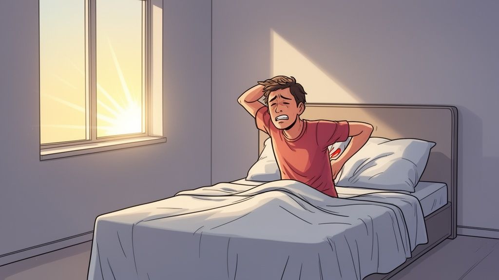 A person sitting up in bed feeling back pain while waking up in a sunlit bedroom.