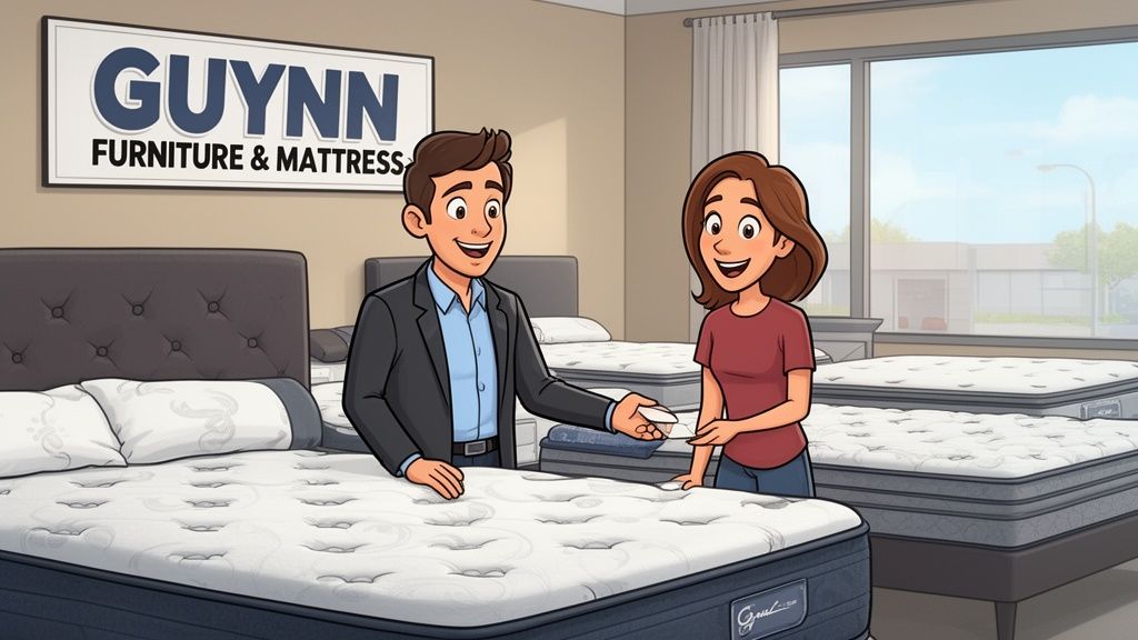 A friendly furniture store salesman assisting a female customer who is shopping for a new mattress.