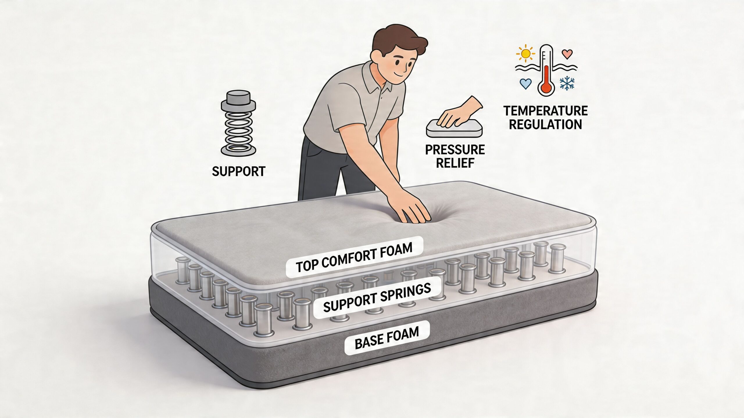 A diagram of a hybrid mattress featuring comfort foam, support springs, and base foam layers.