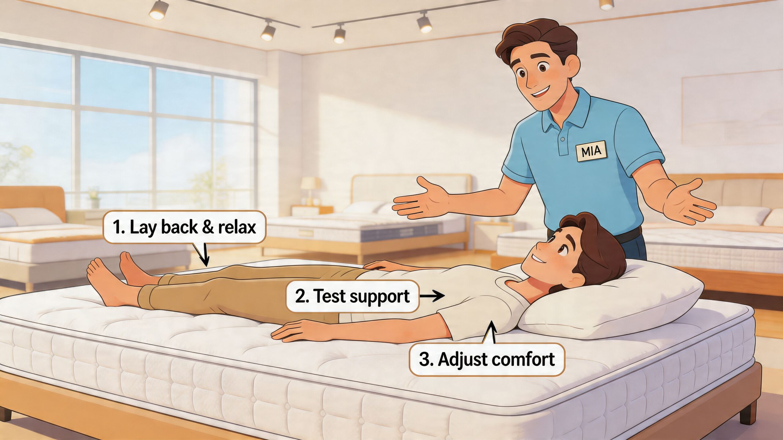 A friendly mattress store employee assists a customer who is lying down to test a new mattress.
