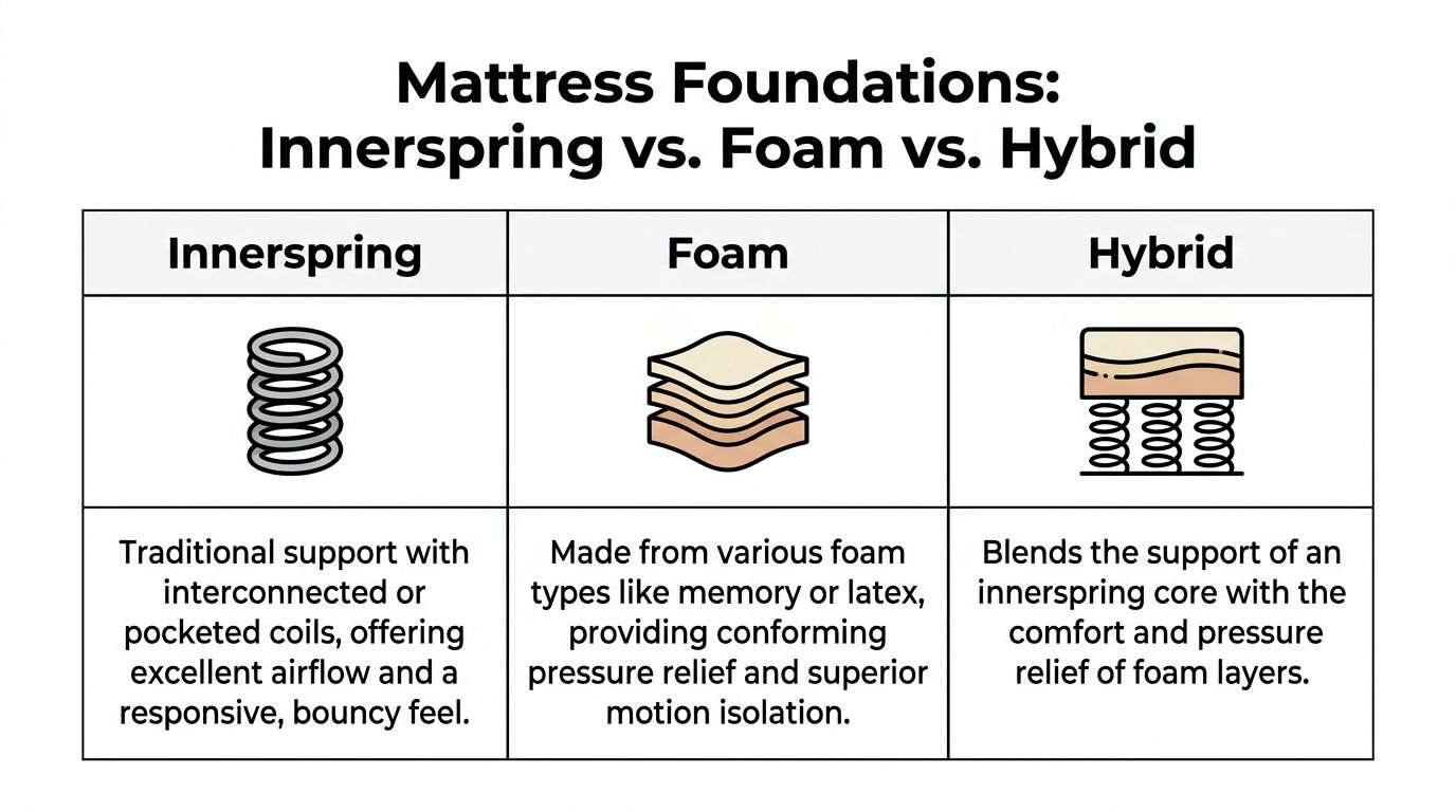 A comparison chart showing the differences between innerspring, foam, and hybrid mattress construction types.