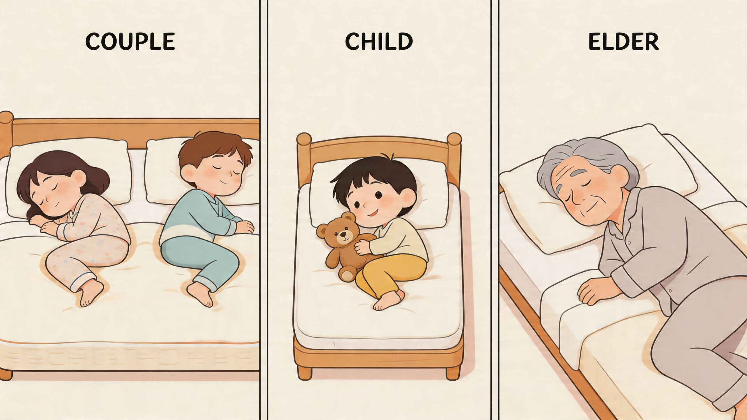 An illustration showing three sleeping scenarios for different life stages: a couple, a child, and an elder.