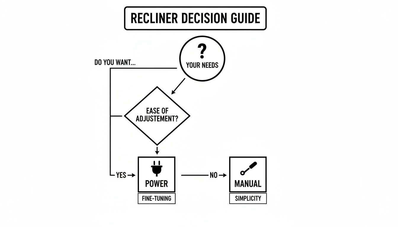 A recliner decision guide flowchart illustrating the choice between power (fine-tuning) and manual (simplicity) recliners.
