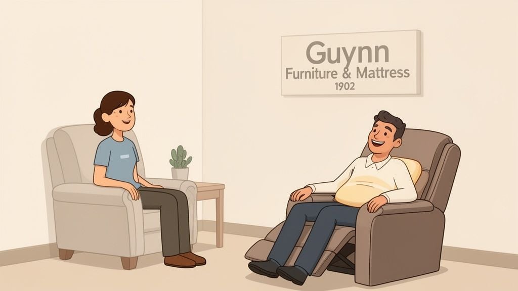 Two smiling cartoon customers relax in a comfortable armchair and a recliner at a furniture store.