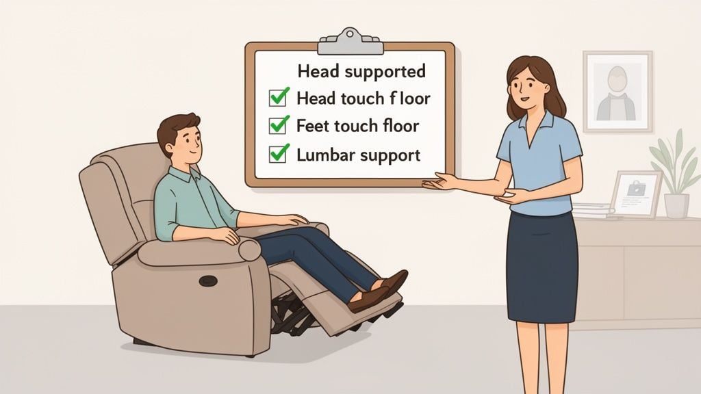 A man sitting in a recliner chair with feet up, while a woman points to a seating posture checklist.