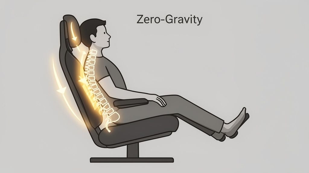 Illustration of a person in a zero-gravity recliner, showing spinal alignment for optimal back support.