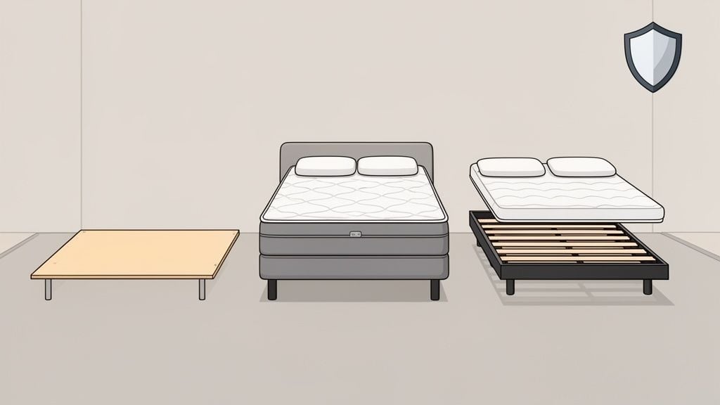 Illustration comparing three bed types: a platform, a traditional bed, and a slatted frame.