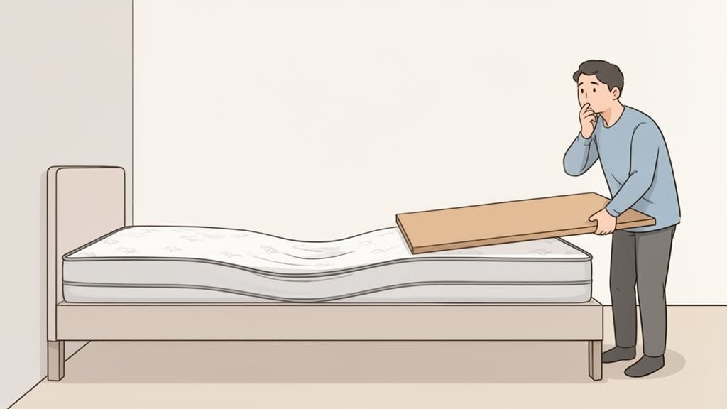 A man places a wooden board on a sagging mattress, attempting to fix its dip.