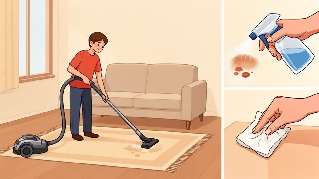 A man vacuums a dirty rug with visible stains, while hands spray and wipe a stained wall.