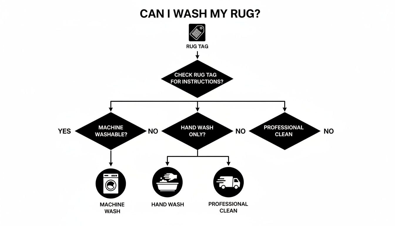 Flowchart guiding how to wash a rug based on care tag instructions: machine, hand, or professional clean.