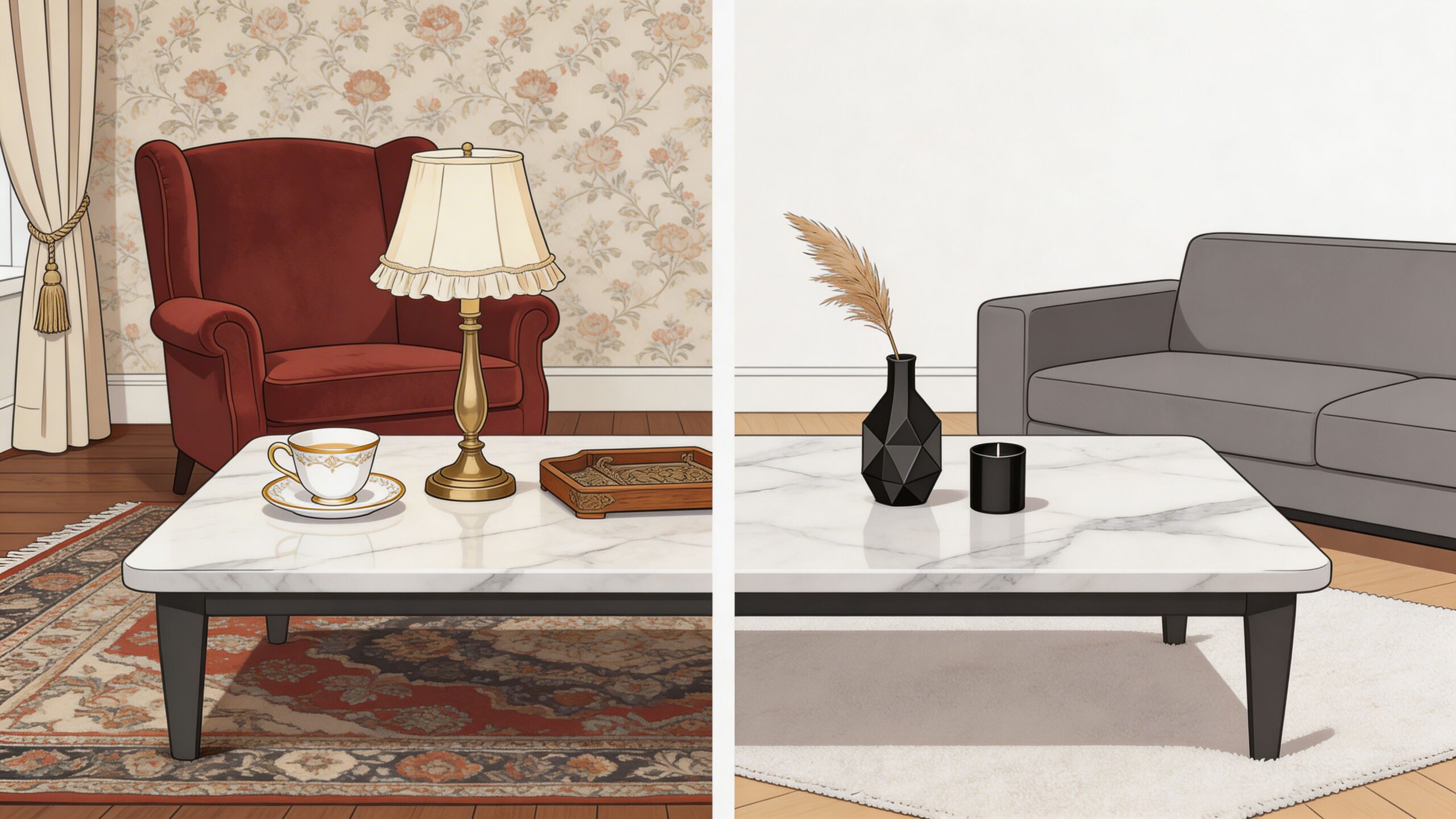 A split-screen view comparing a vintage classic living room design and a modern minimalist living room style.