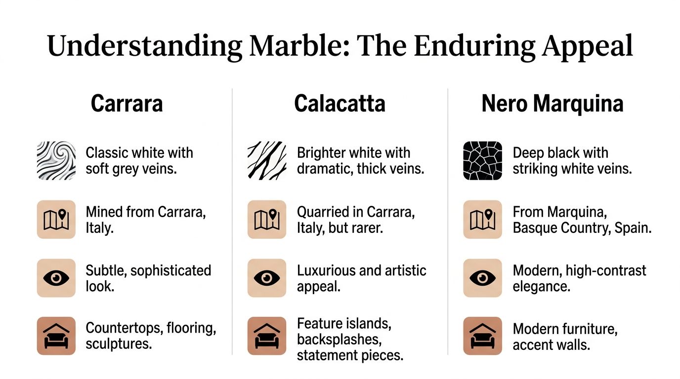 A comparison chart explaining the unique characteristics, origins, and common uses of Carrara, Calacatta, and Nero Marquina marble.