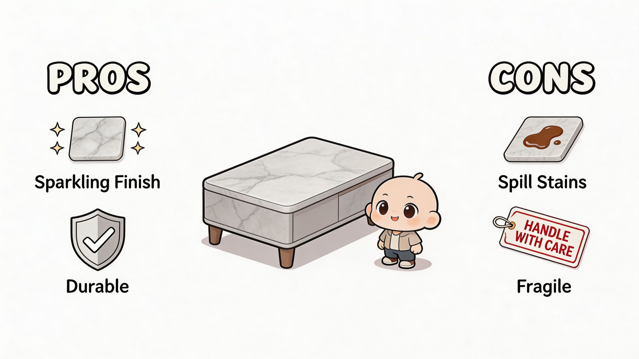 A pros and cons infographic comparing a marble coffee table showing durability and aesthetic versus maintenance challenges.