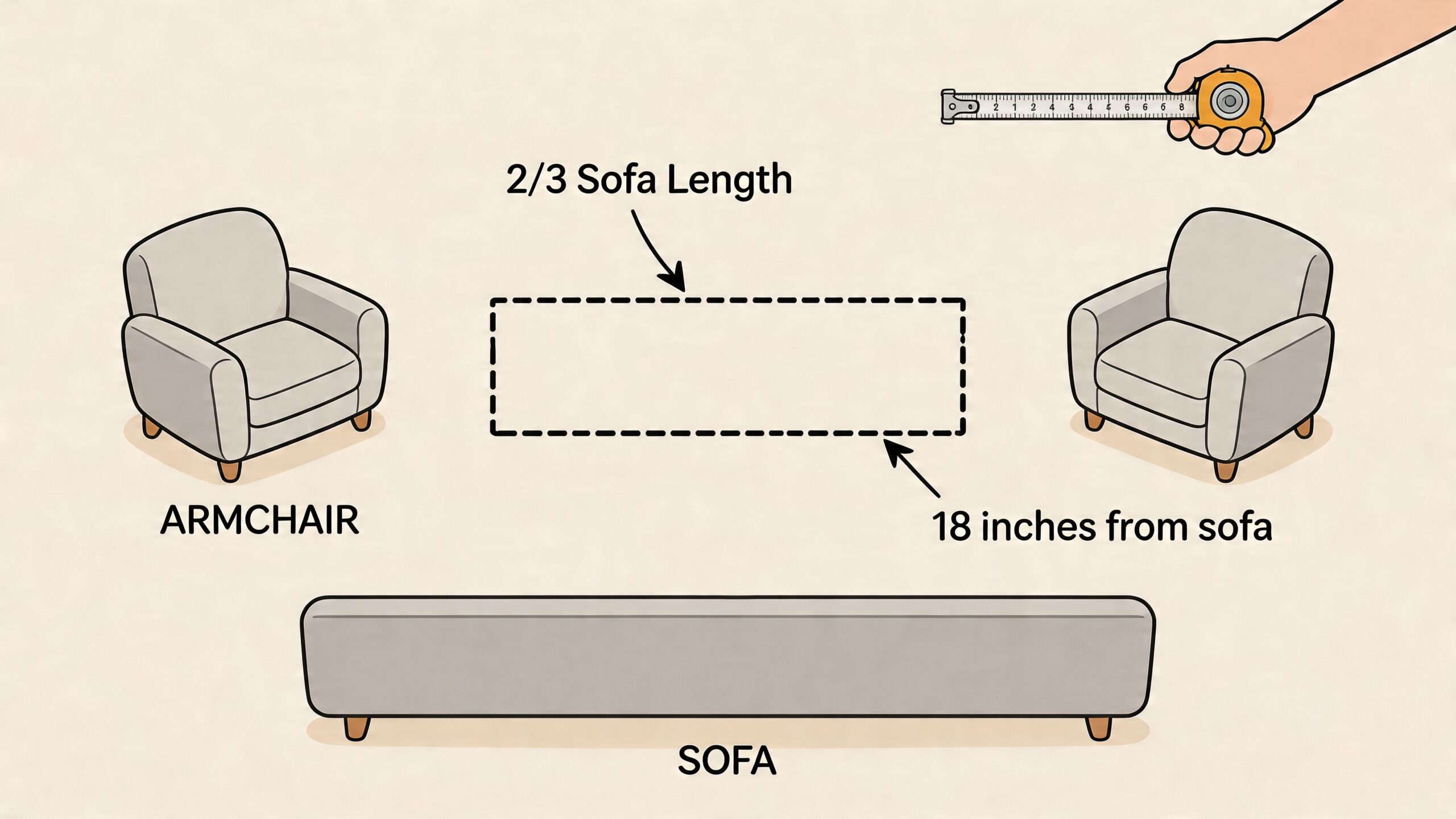 A diagram illustrating ideal coffee table dimensions relative to a sofa and armchairs in a living room.