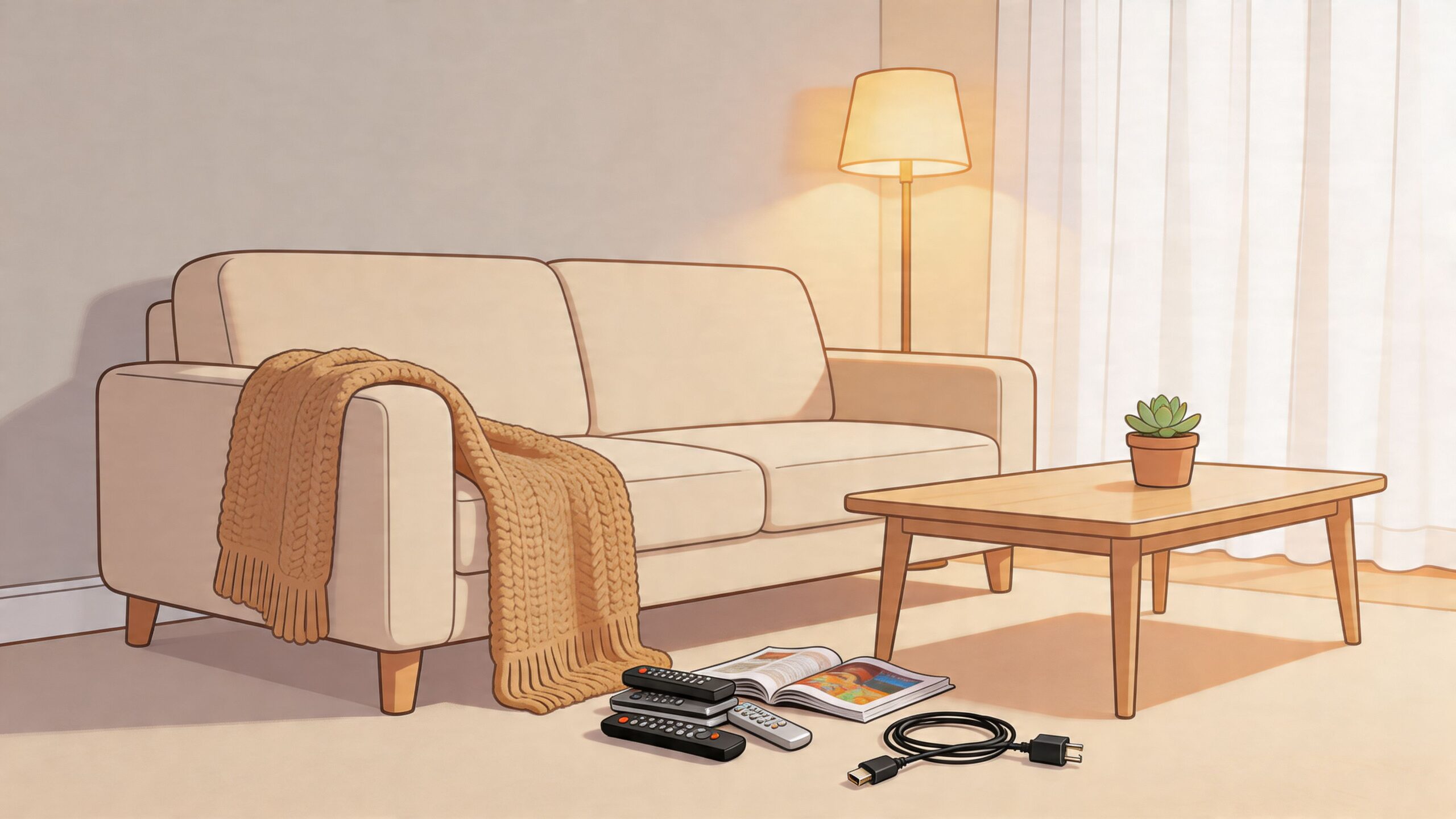 A cozy living room featuring a comfortable sofa with a knitted blanket, a coffee table, and remote controls.