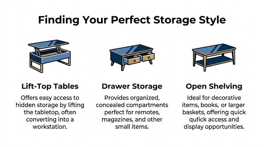A graphic showing three types of coffee tables: lift-top tables, drawer storage, and open shelving models.