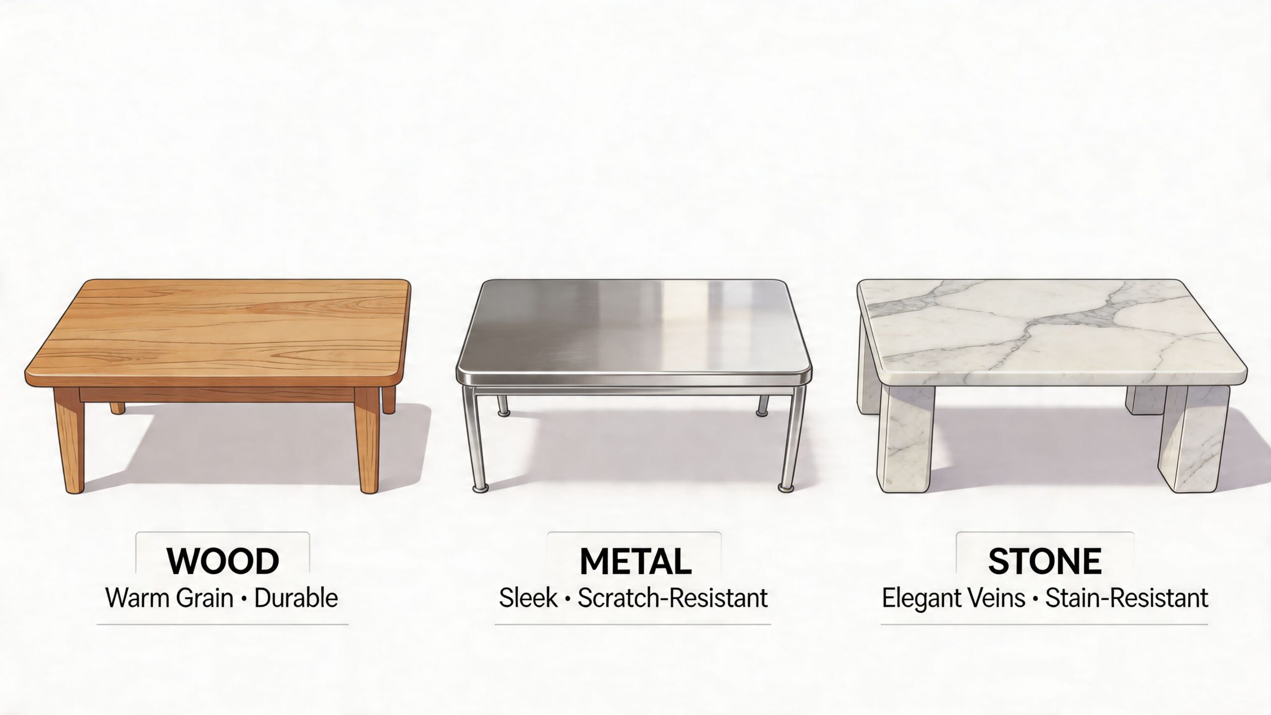 A comparison of three coffee tables made of wood, metal, and stone on a plain white background.