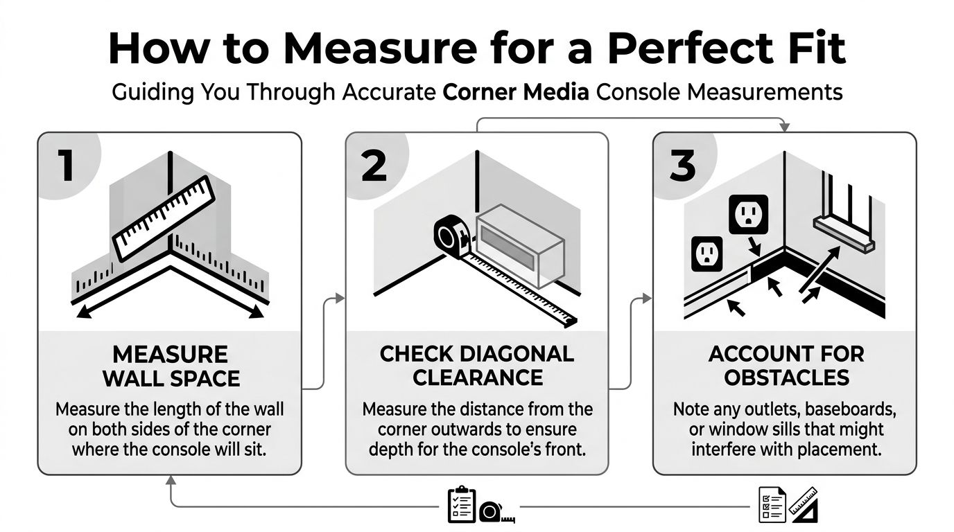 An infographic showing three simple steps to accurately measure a corner for a new media console.