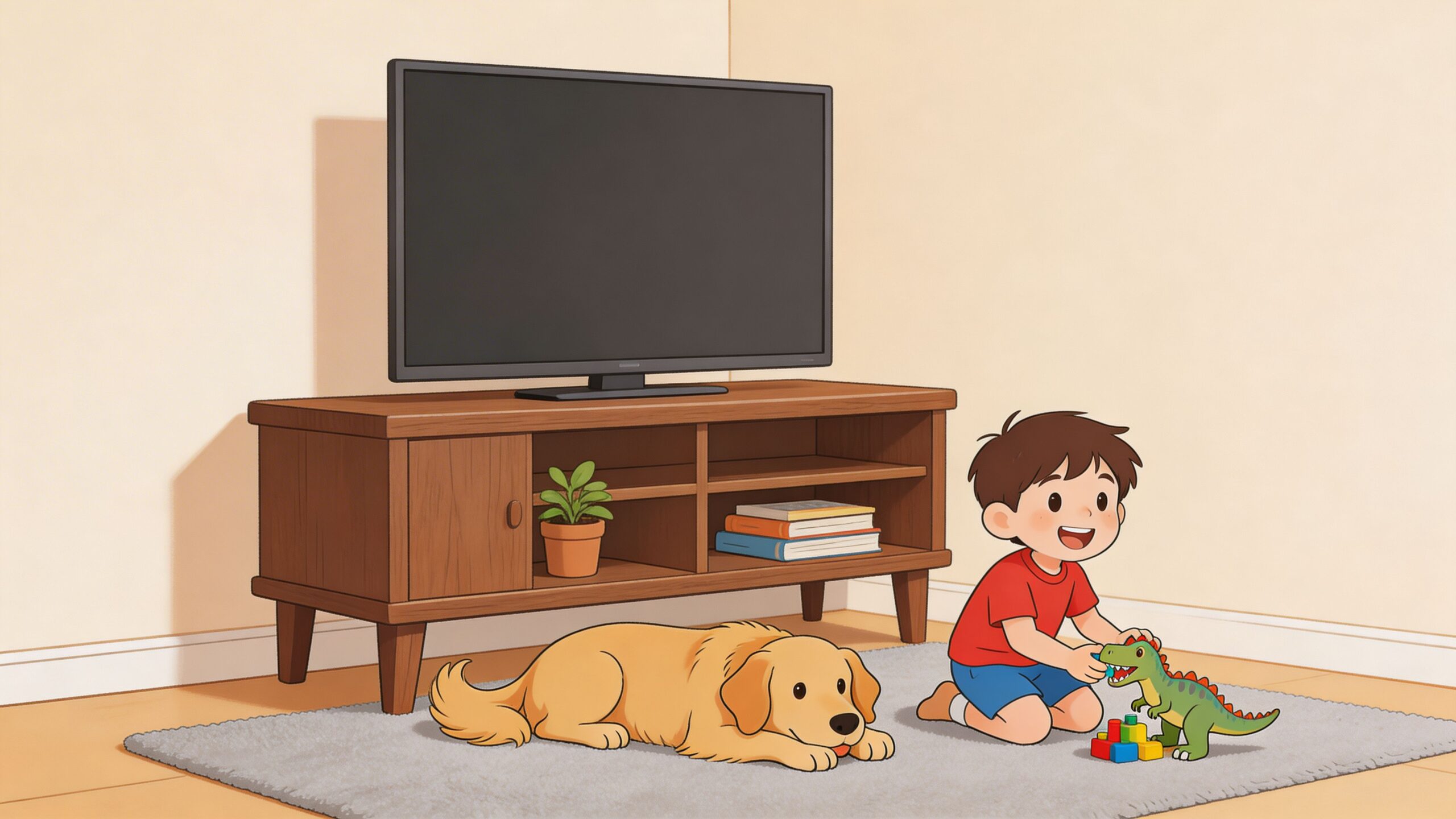 A young boy plays with a green toy dinosaur beside his golden retriever on a living room rug.