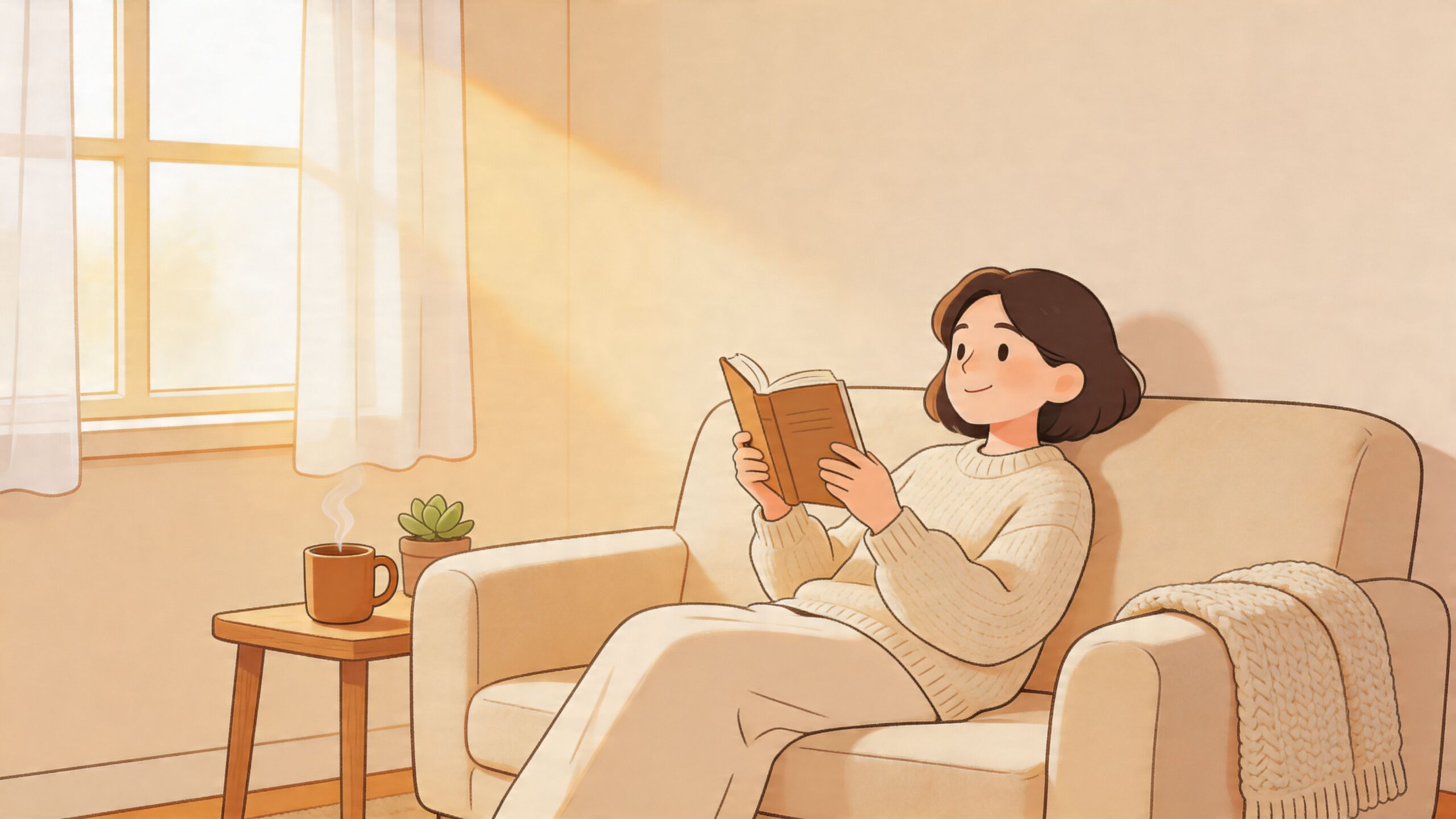 A young woman wearing a sweater sits on a cozy couch reading a book near a window.
