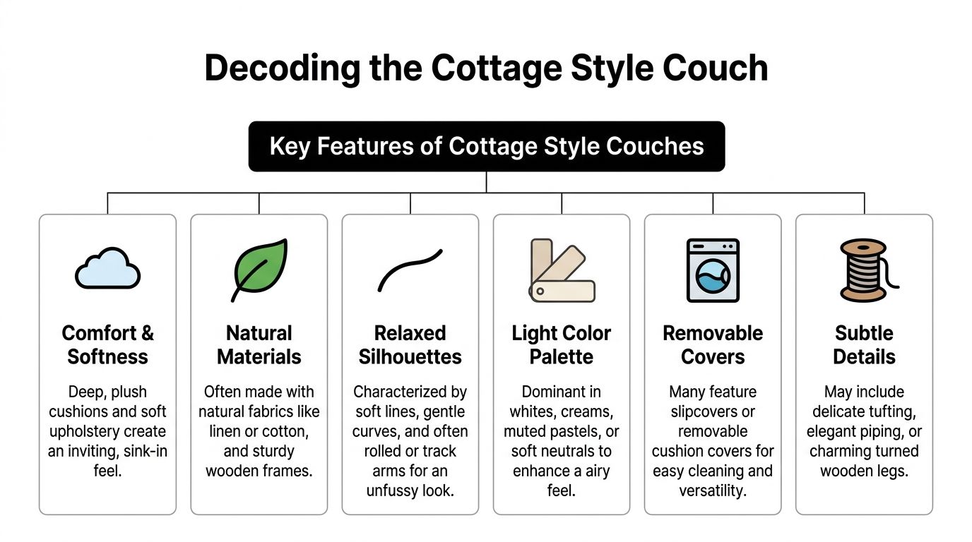 An infographic detailing the key design features and characteristics of a cozy cottage style couch.