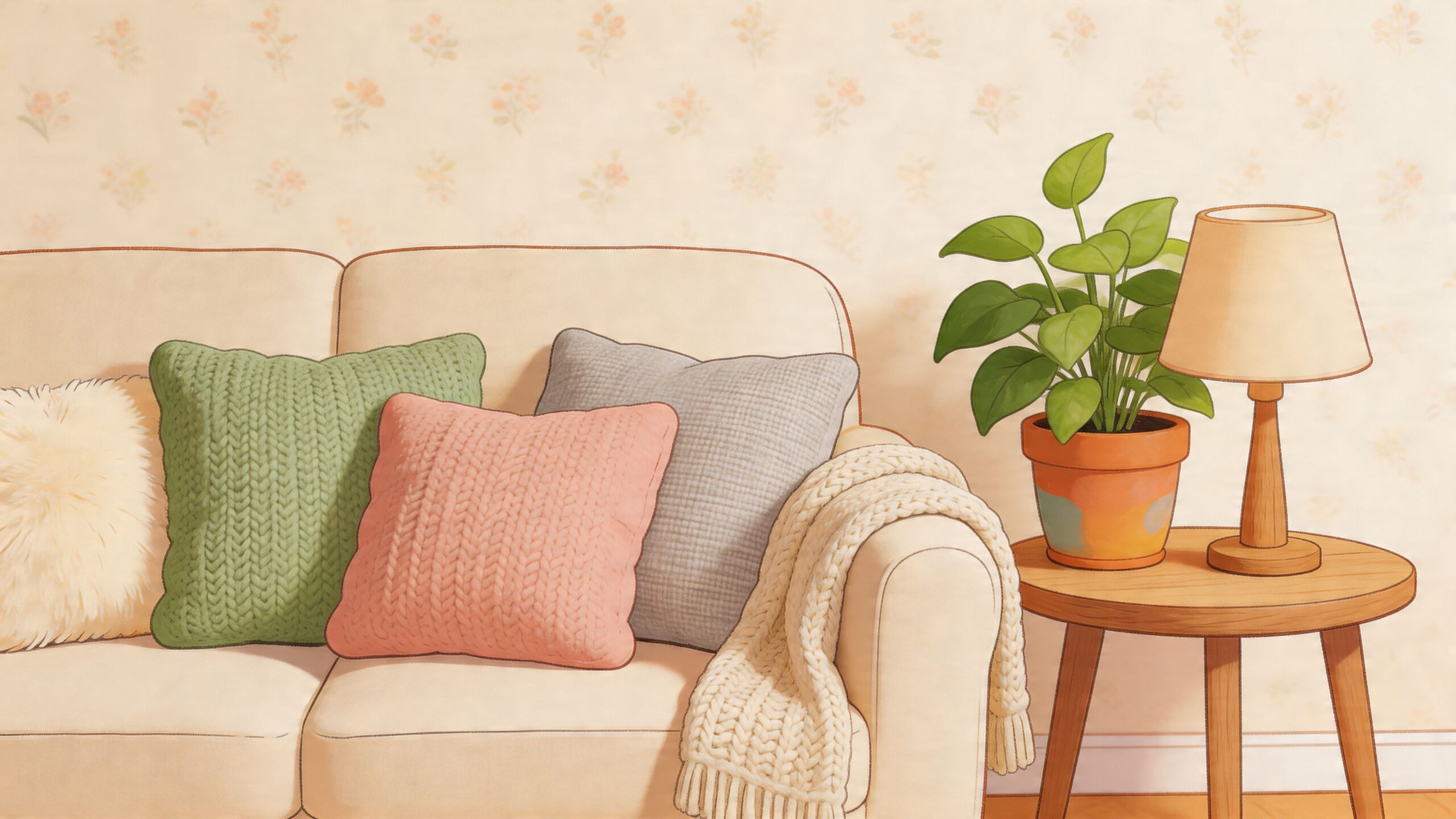 A cozy cottage style couch decorated with colorful knit pillows and a warm cream throw blanket next to a plant.