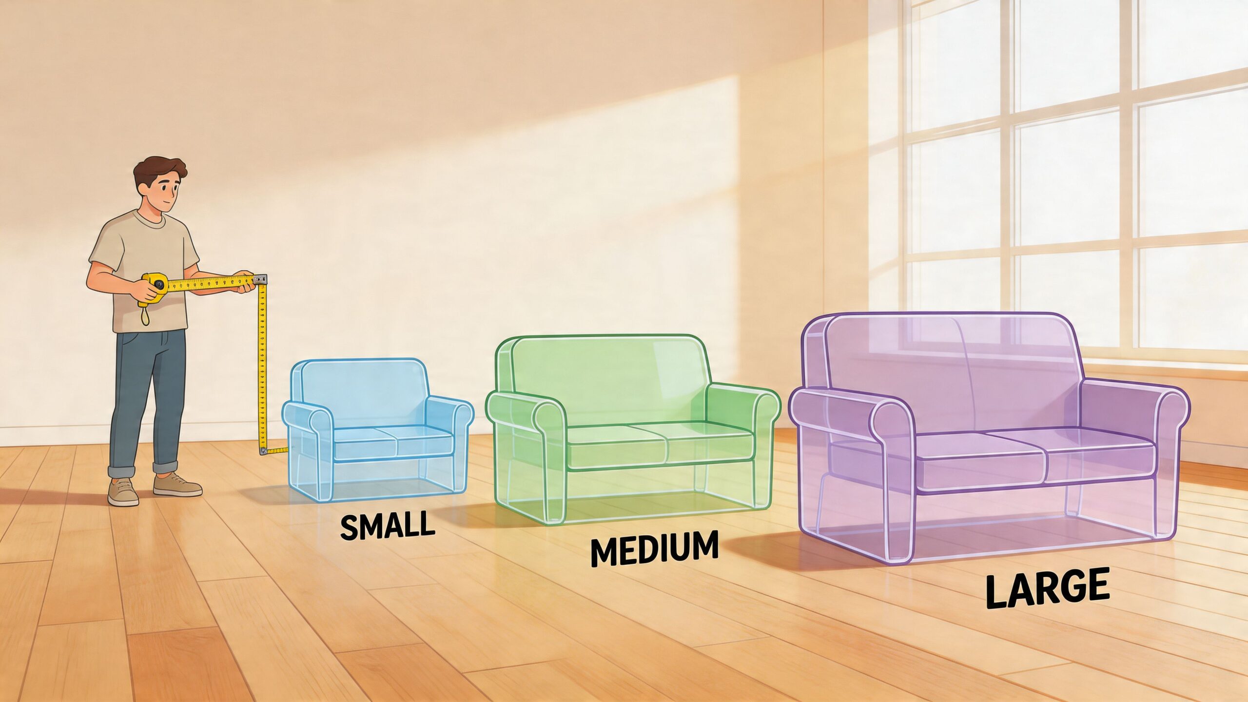 A person holding a yellow tape measure standing beside three transparent couches labeled small, medium, and large.